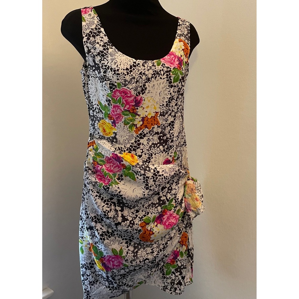 VTG 80's/90's Floral Lace Print faux wrap Sheath Dress Black White Pink Sz S